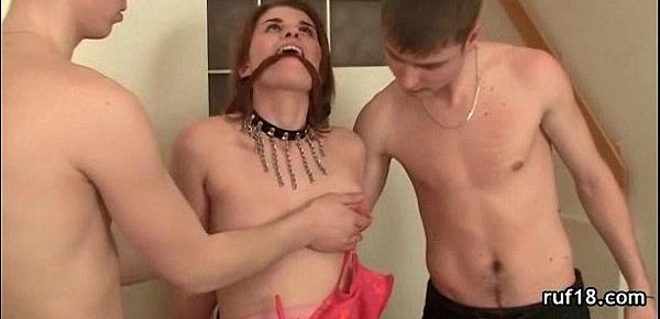  Teen Lucy in bondage is teased by horny guy